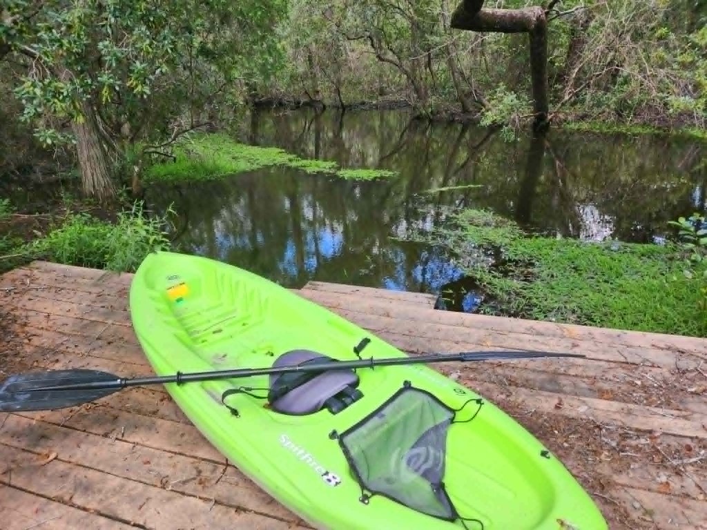 A green kayak on the dock at the creek